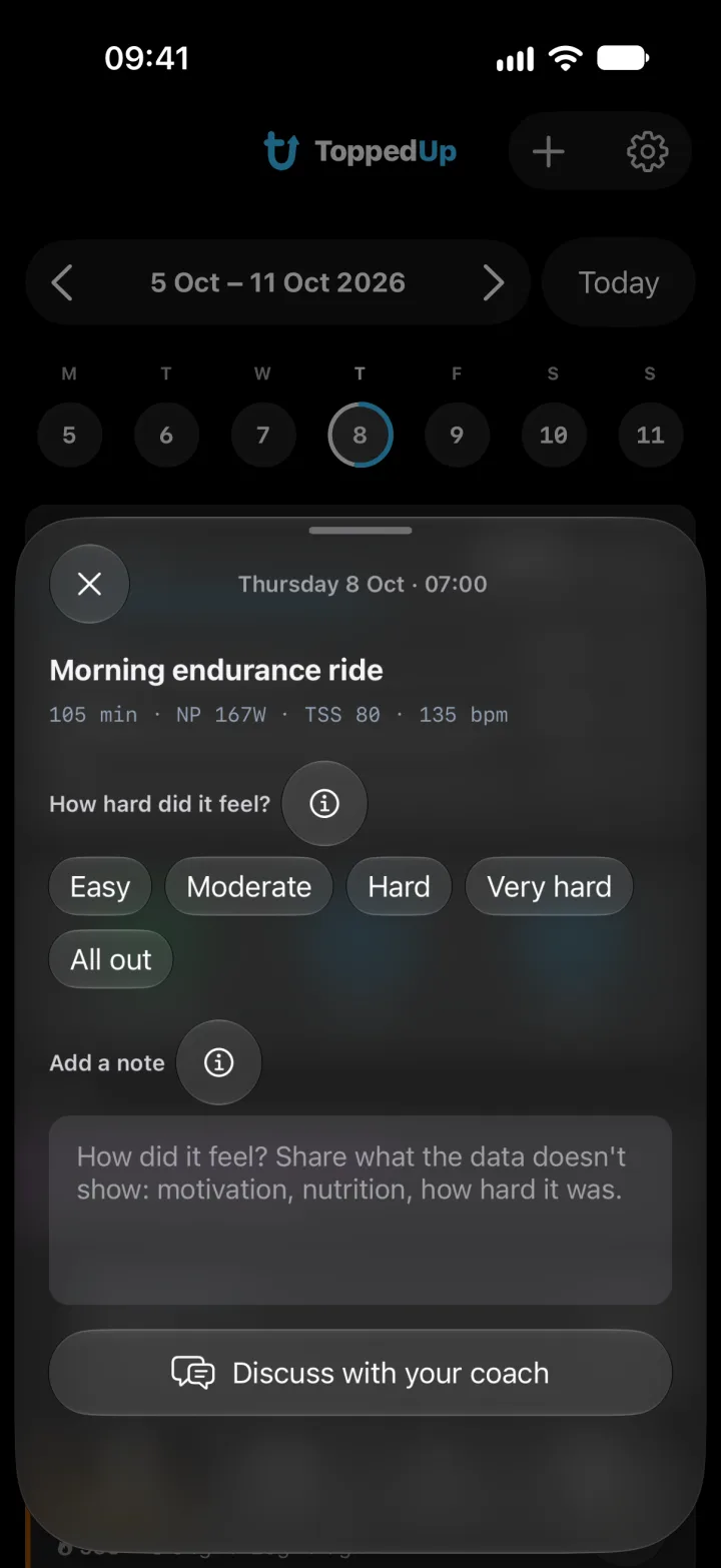 A sheet after the morning ride with its duration, power, training load and heart rate, a field for how it felt, and a button to discuss it with the coach.