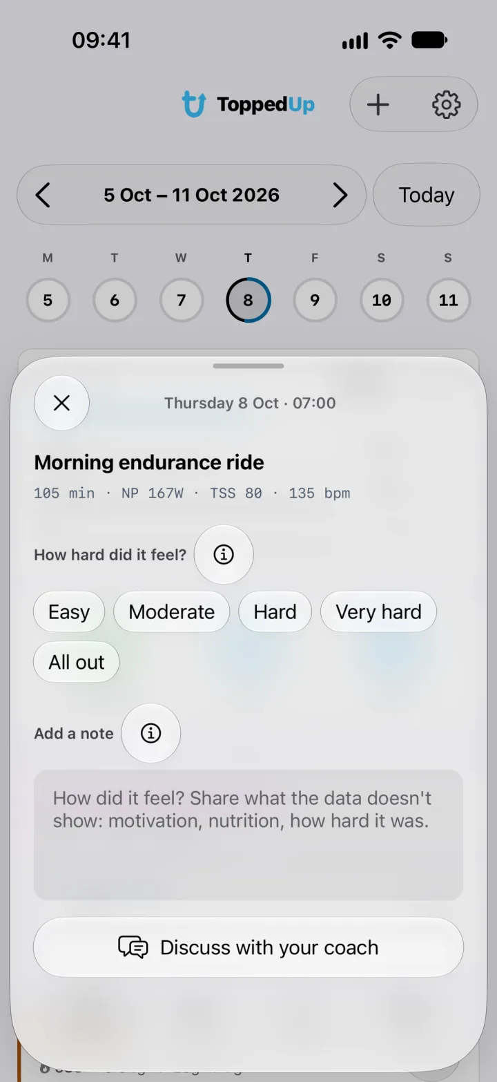 A sheet after the morning ride with its duration, power, training load and heart rate, a field for how it felt, and a button to discuss it with the coach.
