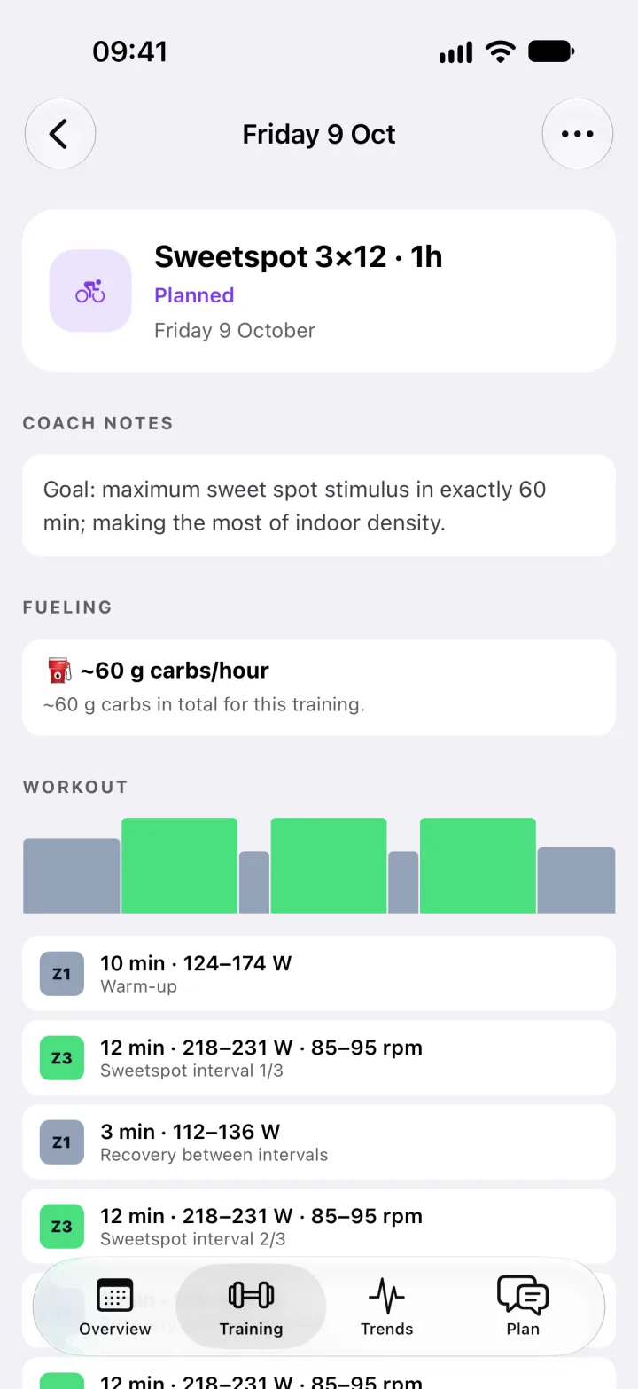 A planned sweet spot session: a coach note, about 60 g of carbs an hour, and a chart of three 12-minute intervals at 218 to 231 W.